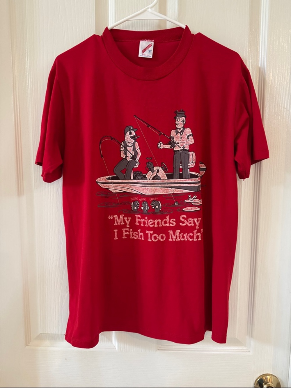 Vintage Red Graphic Fishing Humor Funny T shirt Size L Large 42-44 Father’s Day